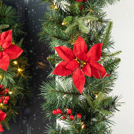 Glitzhome® 9ft. Pre-Lit Greenery Pine Poinsettia and Berries Christmas Garland with LED Lights and Timer